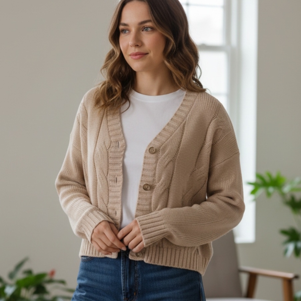 C+D+M Collection Beige Cable Knit Long Sleeve Button Front Cardigan NWT Small
